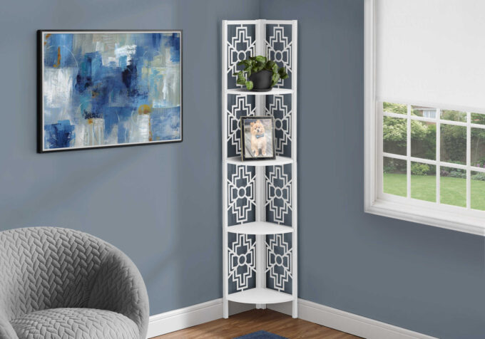 BOOKCASE - 62"H / WHITE / WHITE METAL CORNER ETAGERE