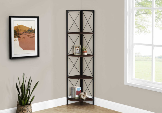 BOOKCASE - 60"H / ESPRESSO / BLACK METAL CORNER ETAGERE - Image 2