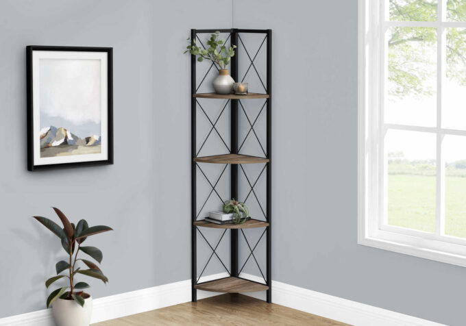 BOOKCASE - 60"H / BROWN RECLAIMED / BLACK METAL CORNER