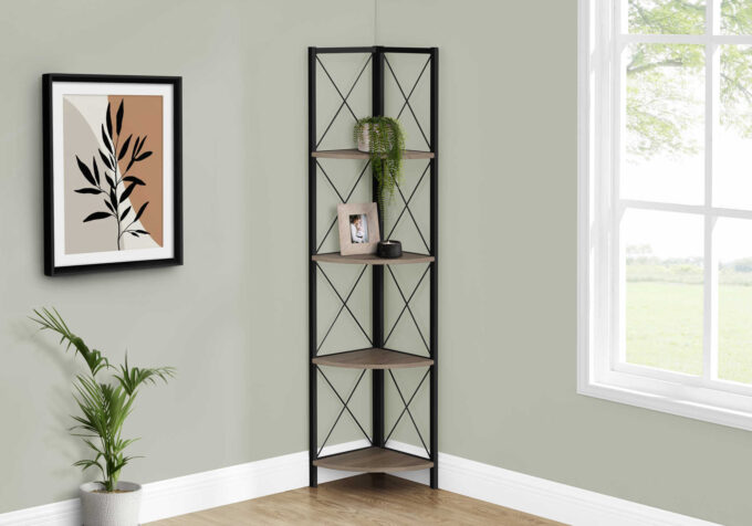 BOOKCASE - 60"H / DARK TAUPE / BLACK METAL CORNER ETAGERE