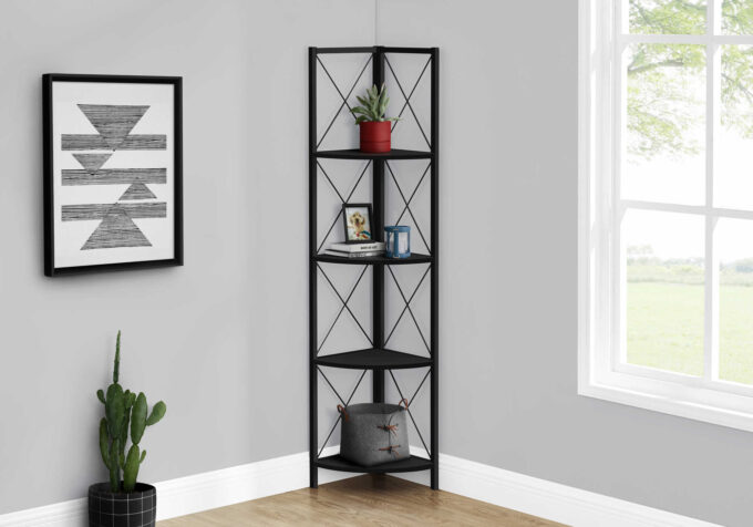 BOOKCASE - 60"H / BLACK / BLACK METAL CORNER ETAGERE