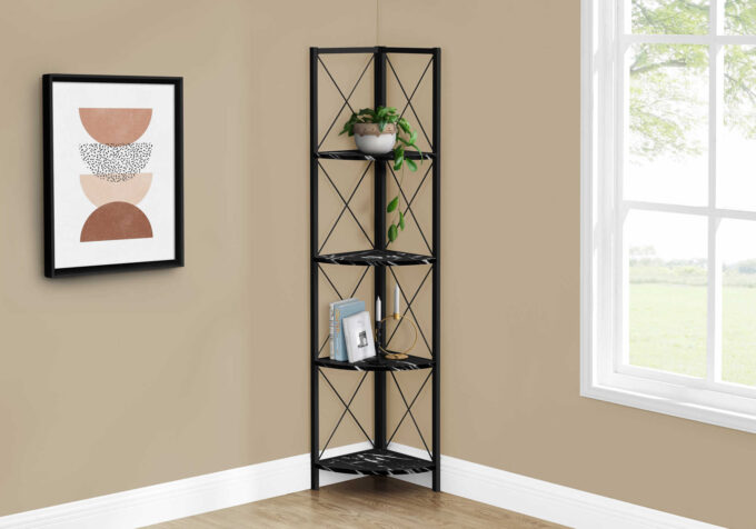 BOOKCASE - 60"H / BLACK MARBLE / BLACK METAL CORNER