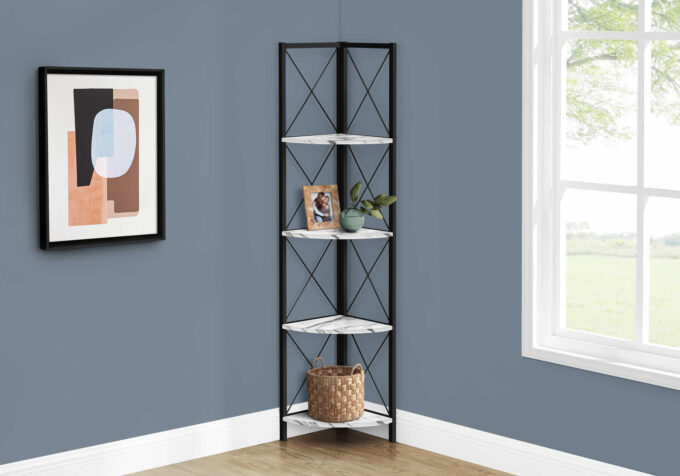 BOOKCASE - 60"H / WHITE MARBLE / BLACK METAL CORNER