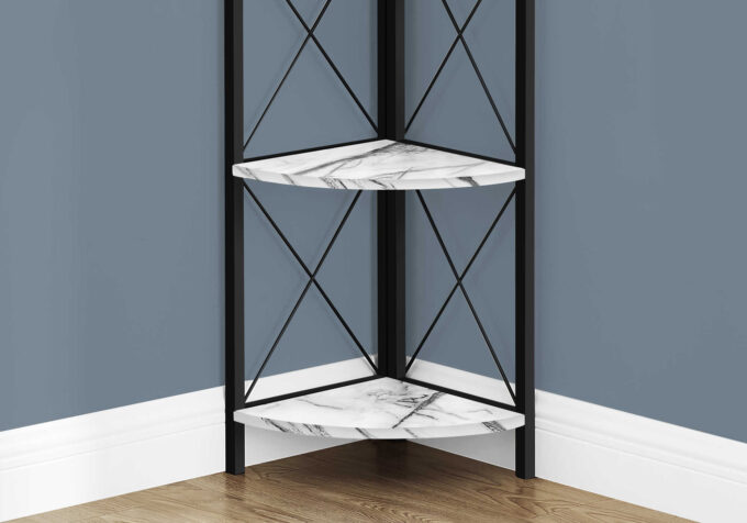 BOOKCASE - 60"H / WHITE MARBLE / BLACK METAL CORNER - Image 3