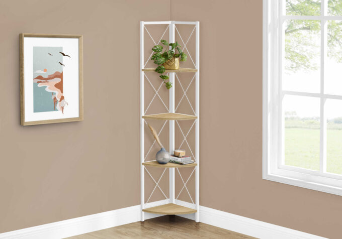 BOOKCASE - 60"H / NATURAL / WHITE METAL CORNER ETAGERE