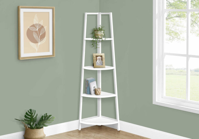 BOOKCASE - 60"H / WHITE / WHITE METAL CORNER ETAGERE