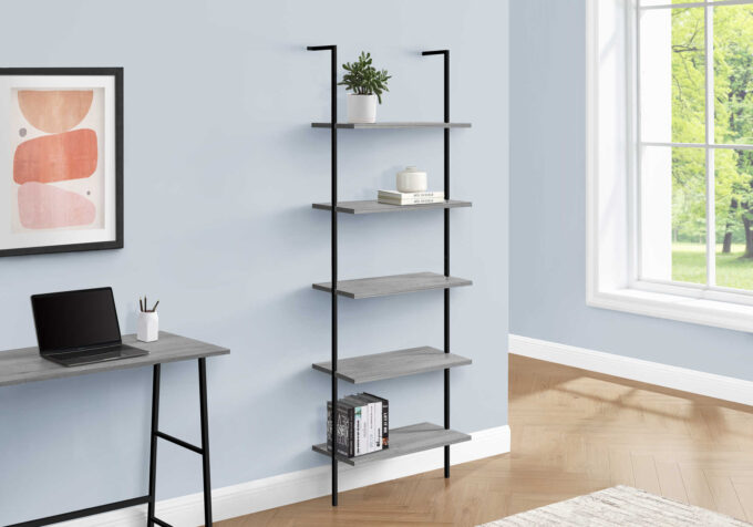 BOOKCASE - 72"H LADDER GREY / BLACK METAL