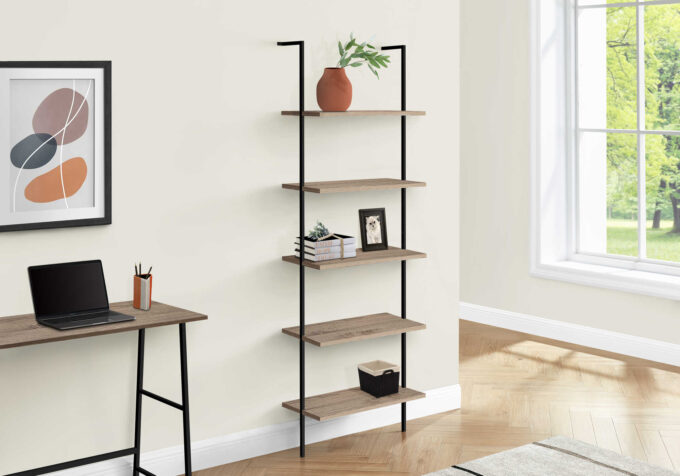 BOOKCASE - 72"H LADDER DARK TAUPE / BLACK METAL