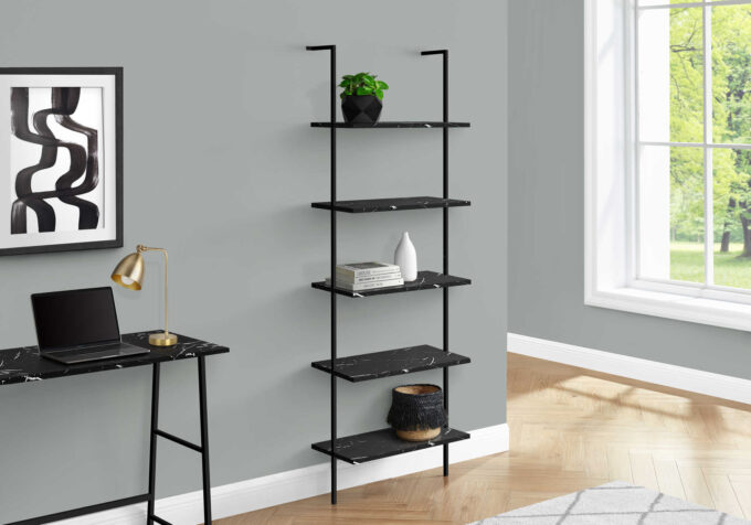 BOOKCASE - 72"H LADDER BLACK MARBLE / BLACK METAL