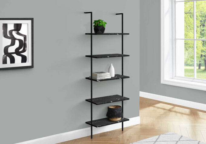 BOOKCASE - 72"H LADDER BLACK MARBLE / BLACK METAL - Image 2