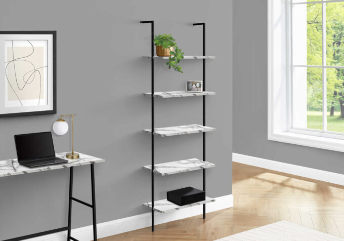 BOOKCASE - 72"H LADDER WHITE MARBLE / BLACK METAL