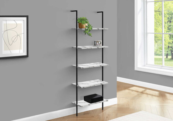 BOOKCASE - 72"H LADDER WHITE MARBLE / BLACK METAL - Image 2