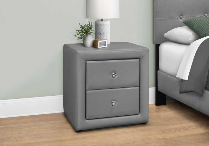 BEDROOM NIGHTSTAND - 21"H / GREY LEATHER-LOOK