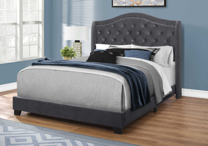 BED - QUEEN SIZE / DARK GREY VELVET WITH CHROME TRIM