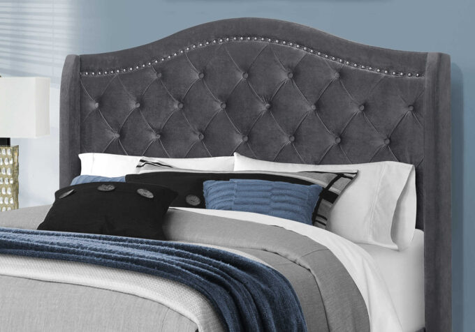 BED - QUEEN SIZE / DARK GREY VELVET WITH CHROME TRIM - Image 2