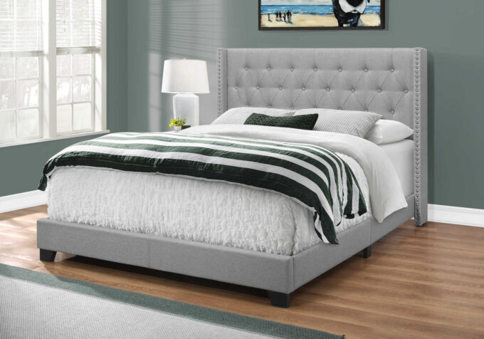 BED - QUEEN SIZE / GREY LINEN WITH CHROME TRIM