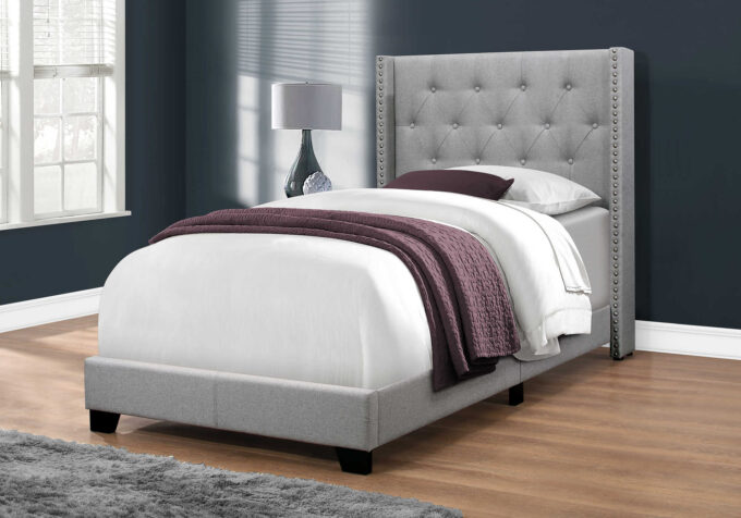 BED - TWIN SIZE / GREY LINEN WITH CHROME TRIM