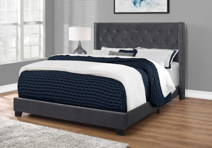 BED - QUEEN SIZE / DARK GREY VELVET WITH CHROME TRIM