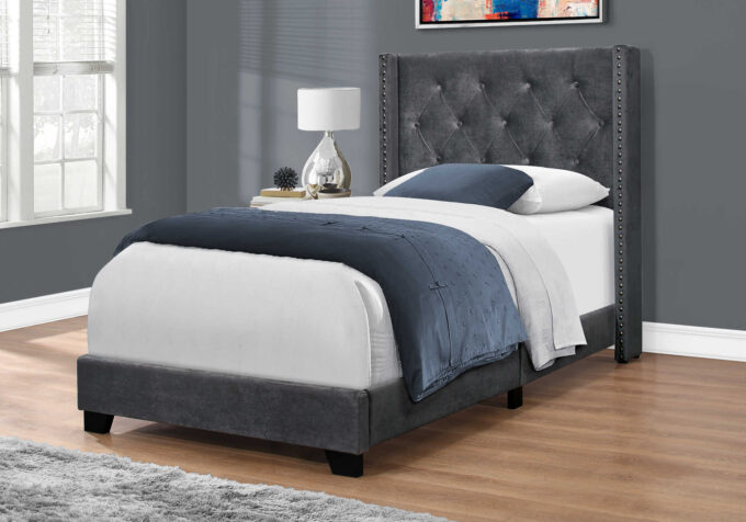 BED - TWIN SIZE / DARK GREY VELVET WITH CHROME TRIM