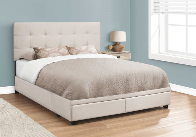 BED - QUEEN SIZE / BEIGE LINEN WITH 2 STORAGE DRAWERS