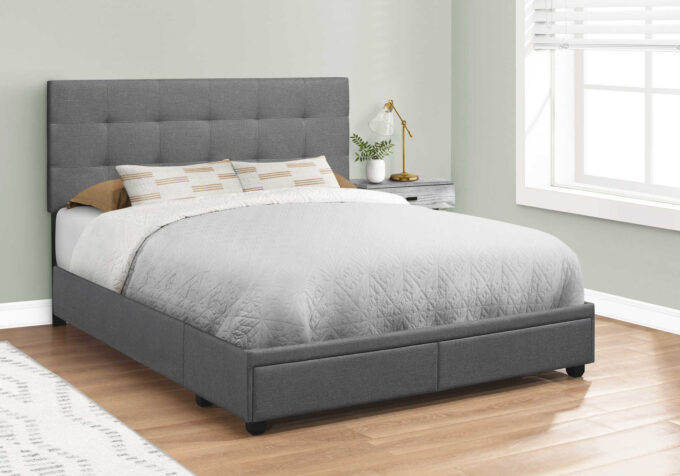 BED - QUEEN SIZE / DARK GREY LINEN WITH 2 STORAGE DRAWERS