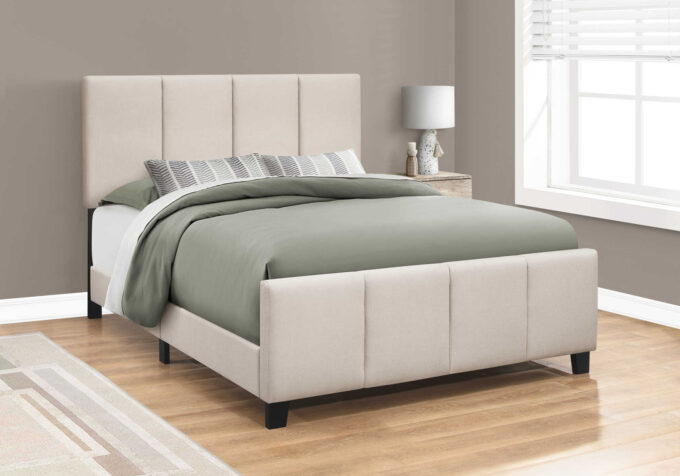 BED - QUEEN SIZE / BEIGE LINEN WITH BLACK WOOD LEGS