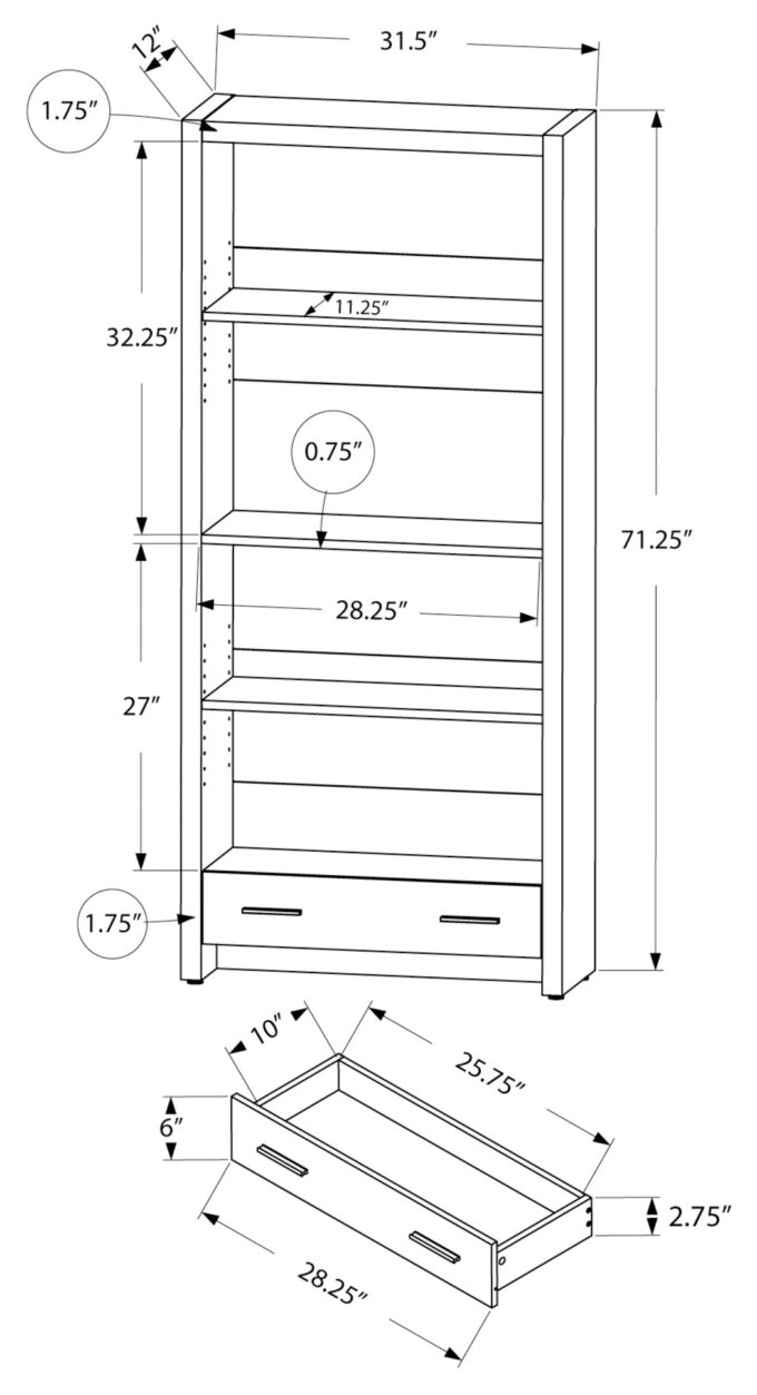 BOOKCASE - 71"H / DARK TAUPE WITH A STORAGE DRAWER - Image 4