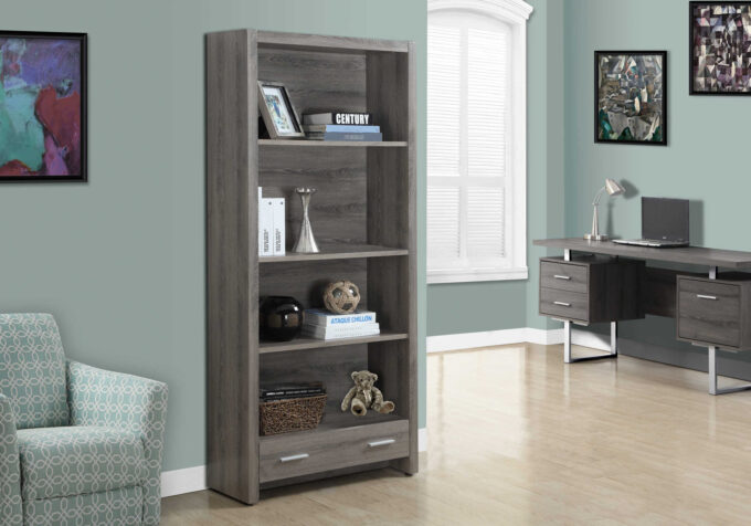 BOOKCASE - 71"H / DARK TAUPE WITH A STORAGE DRAWER