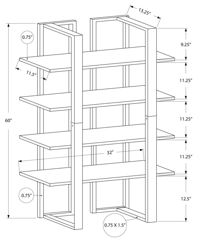 BOOKCASE - 60"H / DARK TAUPE / BLACK METAL - Image 5