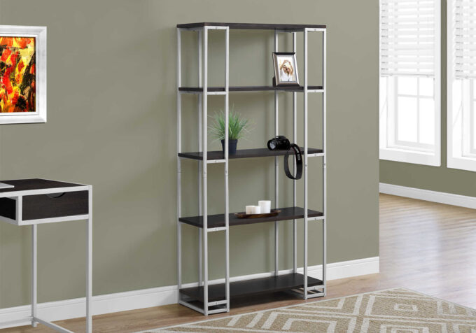 BOOKCASE - 60"H / ESPRESSO / SILVER METAL