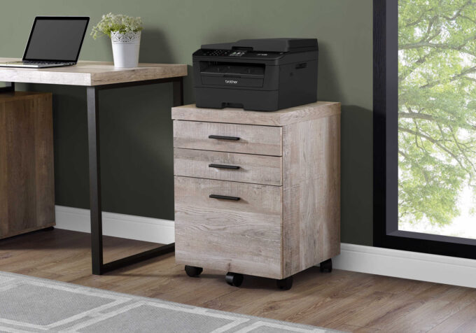 FILING CABINET - 3 DRAWER / TAUPE RECLAIMED WOOD/ CASTORS