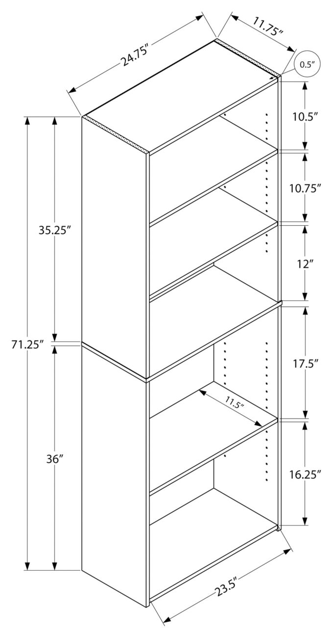 BOOKCASE - 72"H / DARK TAUPE WITH 5 SHELVES - Image 4