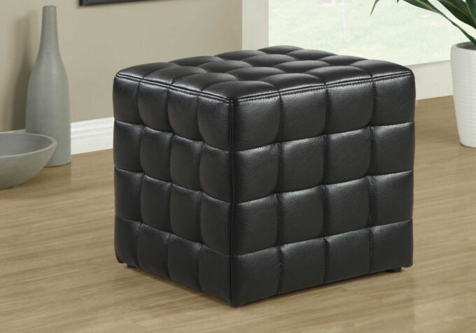 OTTOMAN - BLACK LEATHER-LOOK FABRIC