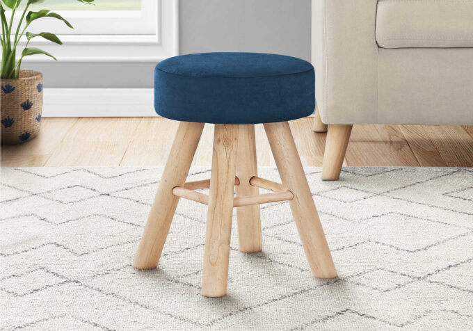 OTTOMAN - BLUE VELVET / NATURAL WOOD LEGS