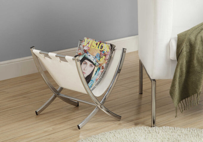 MAGAZINE RACK - WHITE LEATHER-LOOK / CHROME METAL