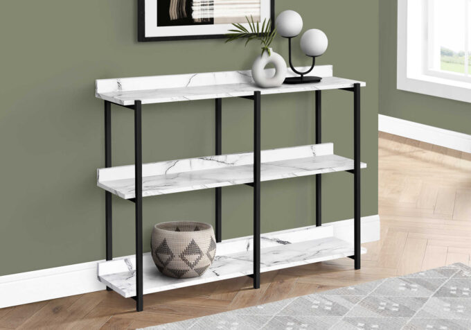 ACCENT TABLE - 48"L / WHITE MARBLE / BLACK METAL CONSOLE