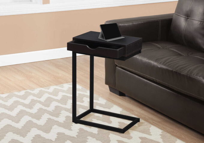 ACCENT TABLE - ESPRESSO / BLACK METAL WITH A DRAWER