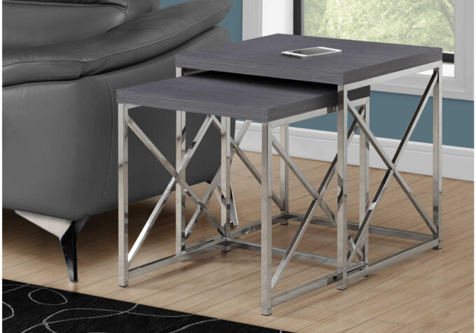 NESTING TABLE - 2PCS SET / GREY WITH CHROME METAL