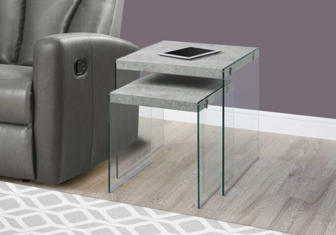 NESTING TABLE - 2PCS SET / GREY CEMENT / TEMPERED GLASS