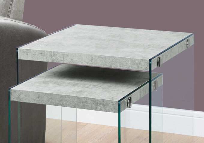 NESTING TABLE - 2PCS SET / GREY CEMENT / TEMPERED GLASS - Image 2