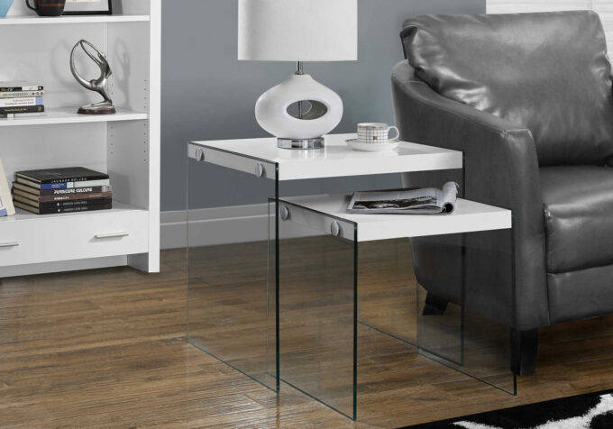 NESTING TABLE - 2PCS SET / GLOSSY WHITE / TEMPERED GLASS