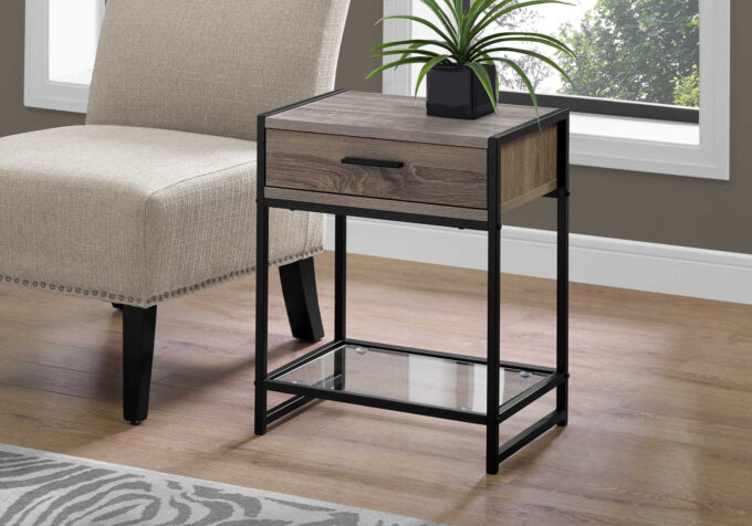 ACCENT TABLE - 22"H / DARK TAUPE / BLACK / TEMPERED GLASS