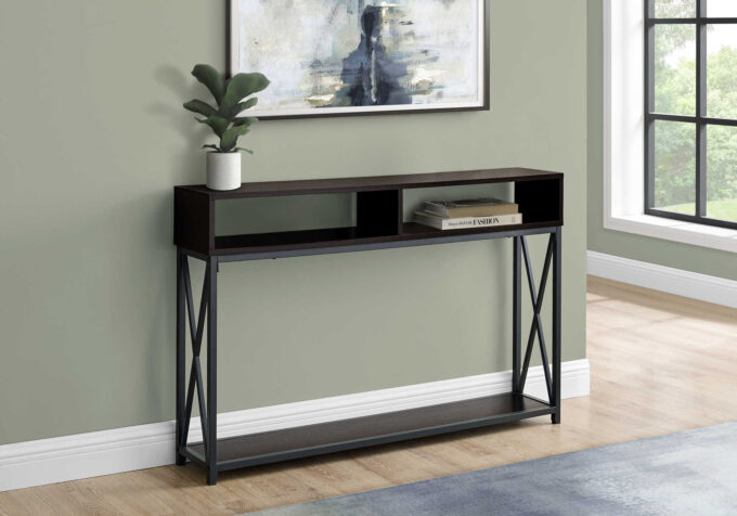 ACCENT TABLE - 48"L / ESPRESSO / BLACK METAL HALL CONSOLE