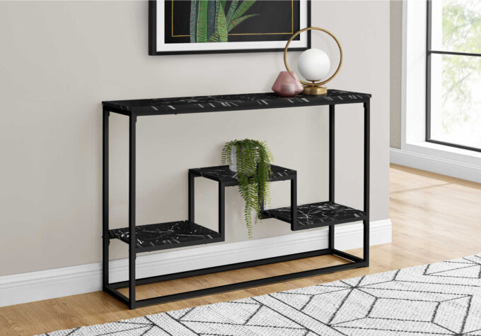 ACCENT TABLE - 48"L / BLACK MARBLE / BLACK METAL CONSOLE