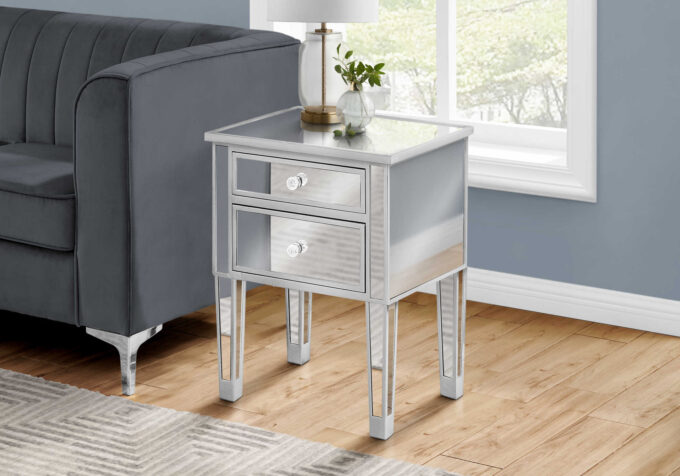 ACCENT TABLE - 25"H / MIRROR / SILVER WITH STORAGE