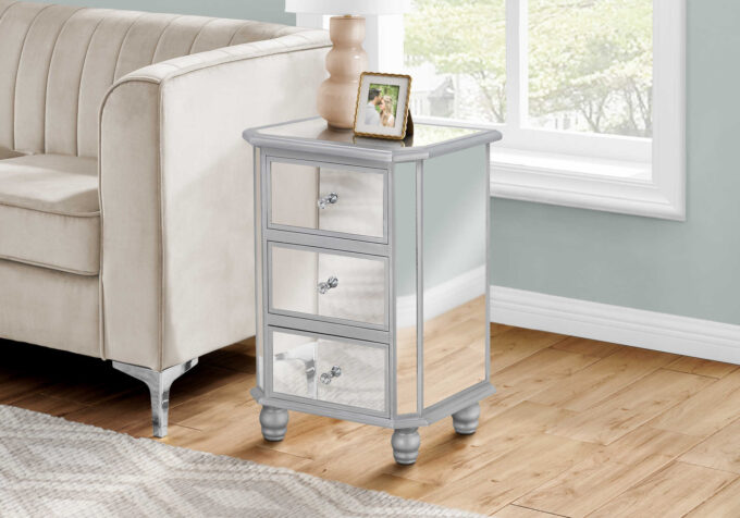 ACCENT TABLE - 28"H / MIRROR / SILVER WITH STORAGE