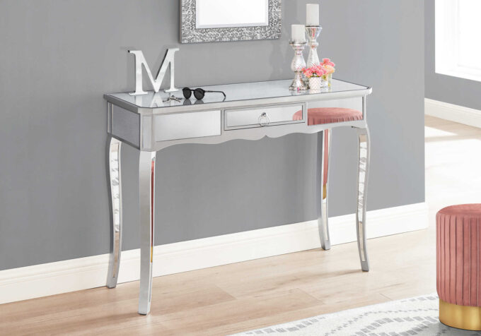 ACCENT TABLE - 42"L / MIRROR / SILVER WITH STORAGE