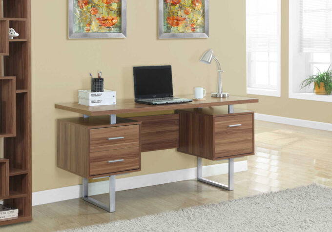 COMPUTER DESK - 60"L / WALNUT / SILVER METAL