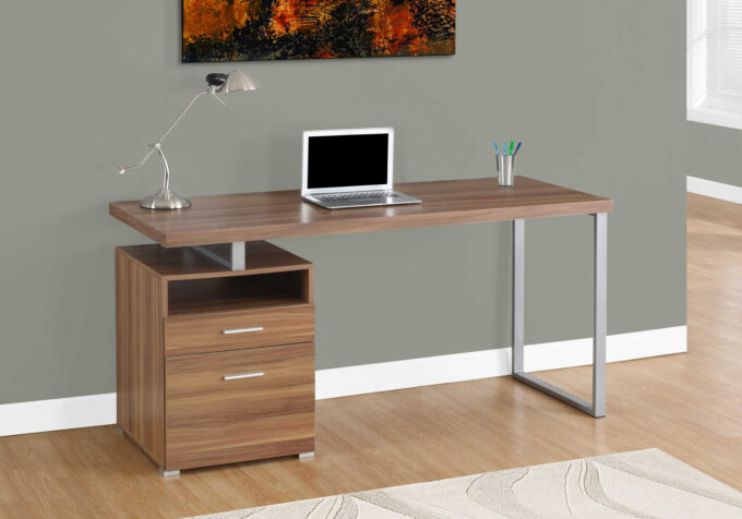 COMPUTER DESK - 60"L / WALNUT / SILVER METAL