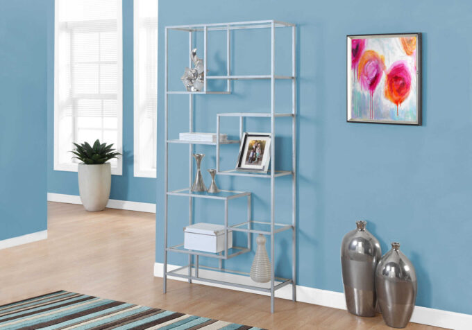 BOOKCASE - 72"H / SILVER METAL WITH TEMPERED GLASS